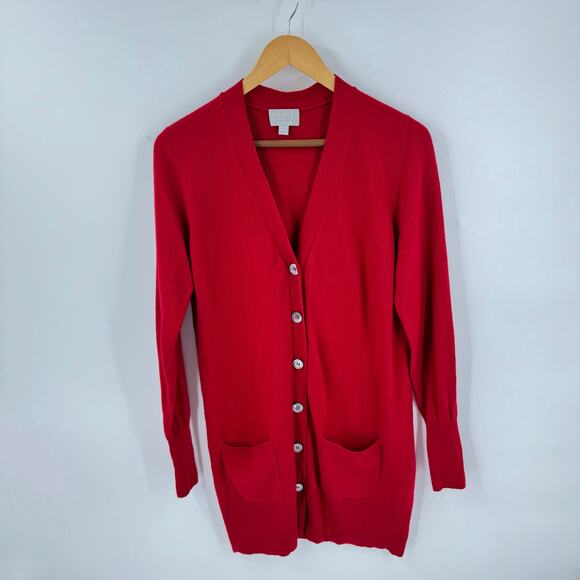 Pure Collection Red 100% Cashmere Long Cardigan Pockets Button Front US 8-10 - Picture 1 of 6
